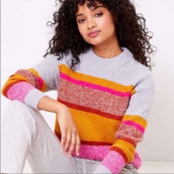Lou & Grey for Loft Multi Stripe Chunky Knit Sweater Gray Yellow Pink Small - Picture 2 of 13